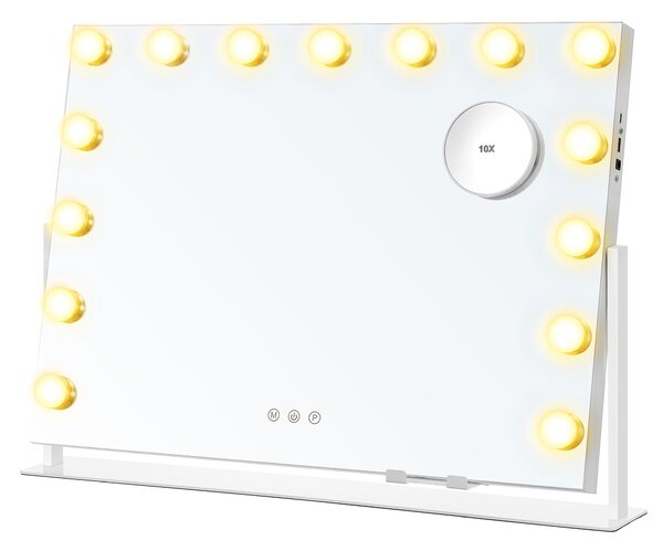 SONGMICS Kosmetické zrcadlo s LED bodovým osvětlením nabíjecí porty dotykové ovládání 3 barvy světla stmívatelné 58 x 43 cm bílá 