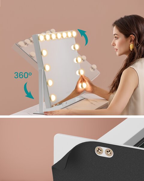 SONGMICS Kosmetické zrcadlo s LED bodovým osvětlením nabíjecí porty dotykové ovládání 3 barvy světla stmívatelné 58 x 43 cm bílá 