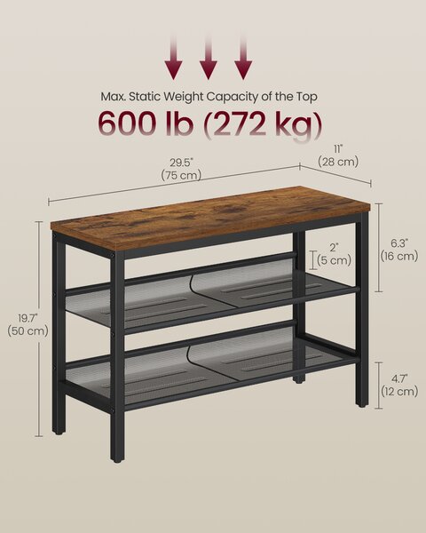 VASAGLE Třípatrový botník s kovovými policemi a lavicí industriální styl 75 x 50 x 28 cm hnědá černá