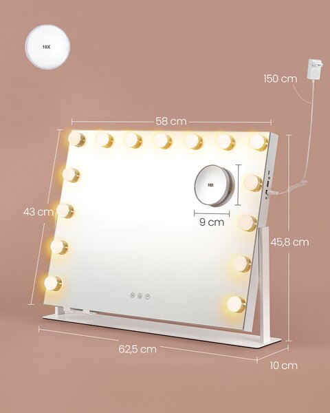 SONGMICS Kosmetické zrcadlo s LED bodovým osvětlením nabíjecí porty dotykové ovládání 3 barvy světla stmívatelné 58 x 43 cm bílá 