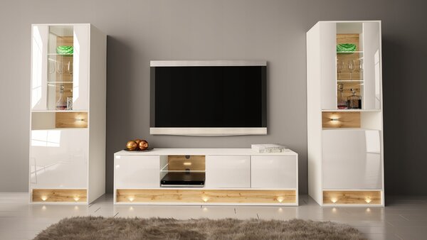 TV stolek VISIONARY 180 cm bílý lesk / dub wotan