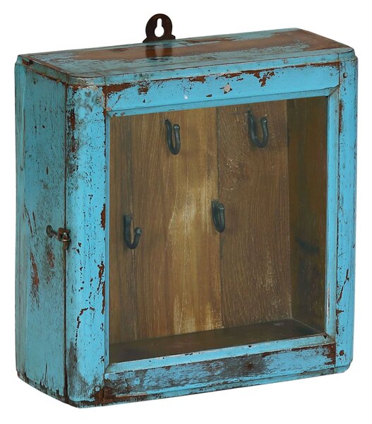 Prosklená skříňka z teakového dřeva, háčky na klíče, 28x10x28cm
