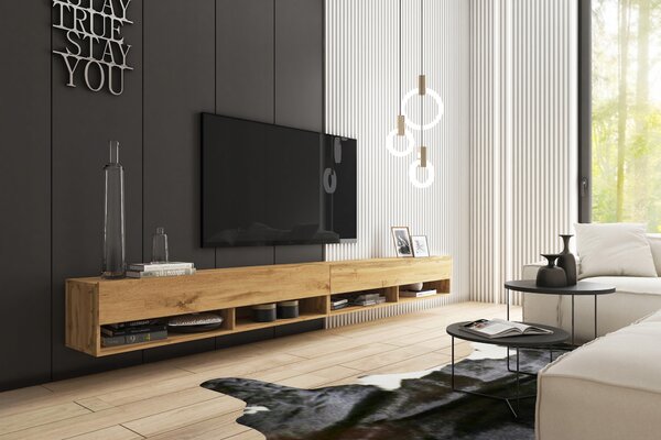 Nástěnná TV skříňka dub wotan matná se zásuvkami 280 cm x 30 cm x 32,8 cm