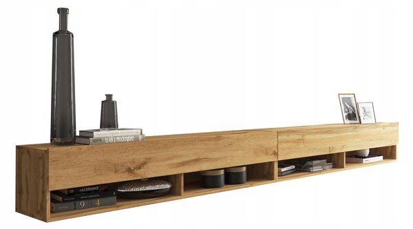 Nástěnná TV skříňka dub wotan matná se zásuvkami 280 cm x 30 cm x 32,8 cm