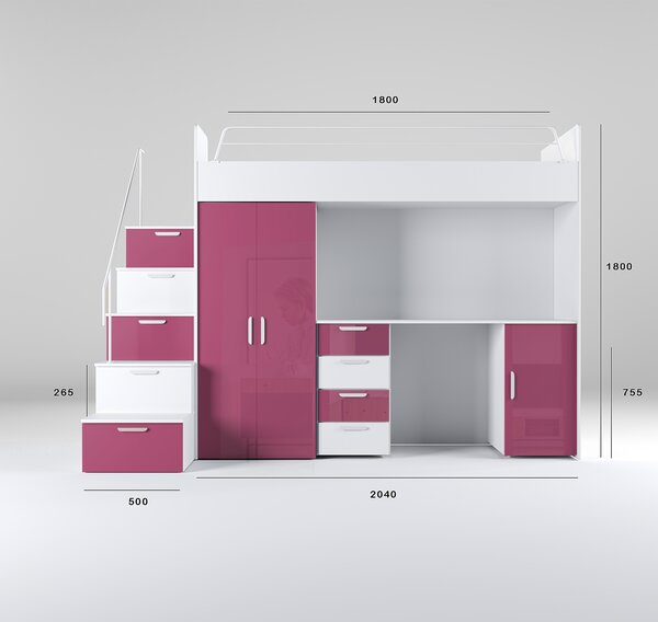 Dětská postel Ruby IV S (Bílá + Růžová) (s rošty)