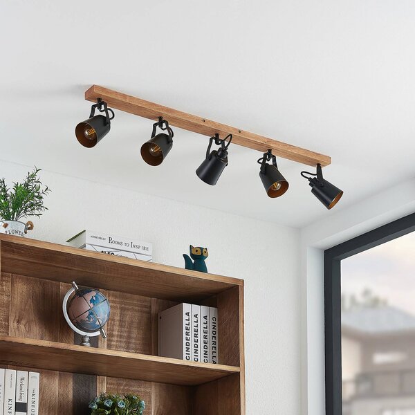 Lindby Stropní bodové svítidlo Kimban, 5 světel, 106 cm, dřevo, kov, stmívatelný, Tmavé dřevo, Obývací pokoj / jídelna, Dřevo, Moderní