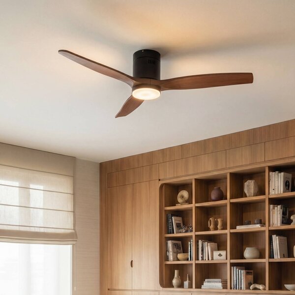 Lucande Stropní ventilátor LED Brinia, Ø 132 cm, dřevo,, Tmavé dřevo, Obývací pokoj / jídelna, Dřevo, Skandinávský
