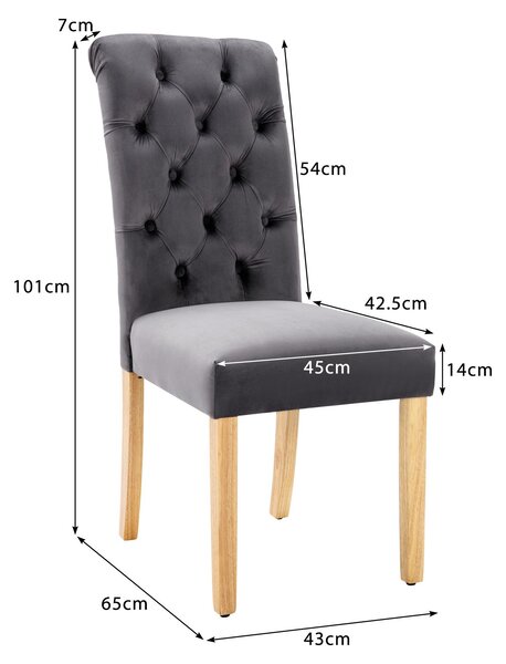 Sametové jídelní židle, set 2 kusů, s dubovými nohami, s knoflíkem, chromované úchytky. Vhodné jako křeslo do ložnice, kuchyně, obývacího pokoje, jako relaxační křeslo. Barva: šedá