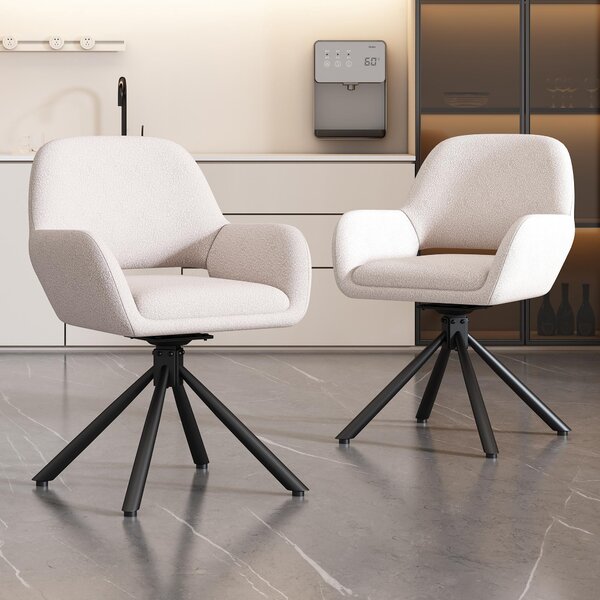 Otočná židle, potažená látkou Sherpa, sada 4 kusů, s područkami, moderní a minimalistický design, jídelní židle, bílá