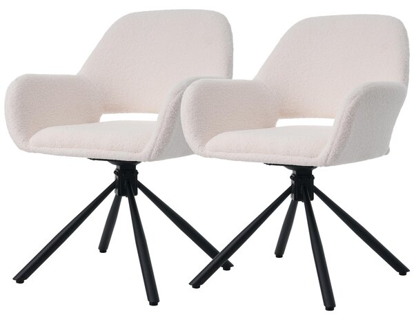 Otočná židle, potažená látkou Sherpa, sada 2 kusů, s područkami, moderní a minimalistický design, jídelní židle, bílá