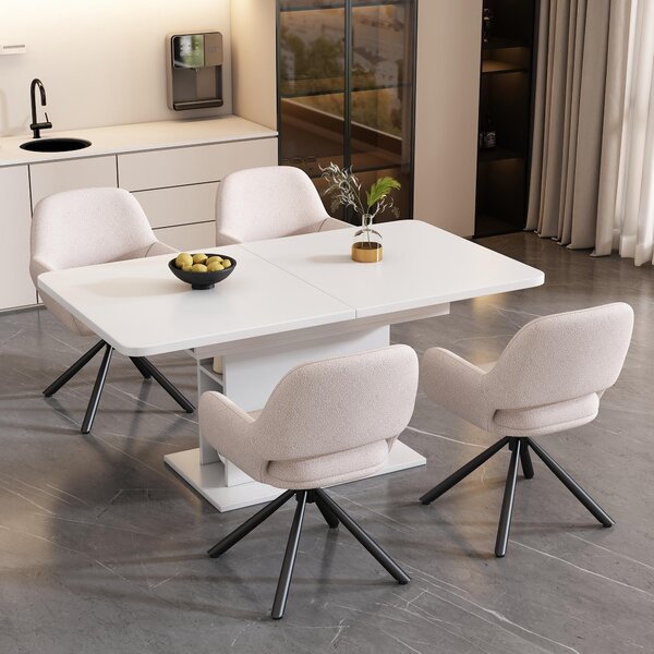 Otočná židle, potažená látkou Sherpa, sada 4 kusů, s područkami, moderní a minimalistický design, jídelní židle, bílá