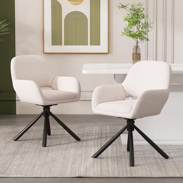 Otočná židle, potažená látkou Sherpa, sada 4 kusů, s područkami, moderní a minimalistický design, jídelní židle, bílá