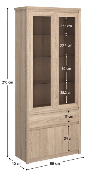 KONDELA Vitrína se šuplíkem 2D2W1S, dub sonoma, NORTY TYP 3