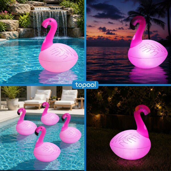 Nafukovací Solární Lampička Plameňák do bazénu, Jezírka, Plovoucí LED Lampa