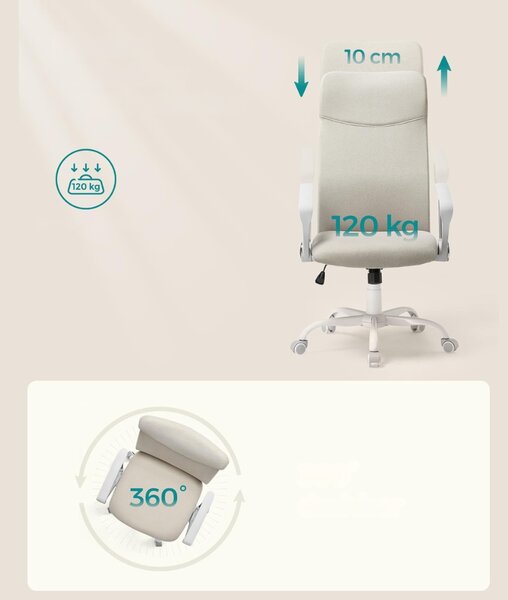 Kancelářská židle DINA, max. 120 kg, béžová/bílá SongmicsHome