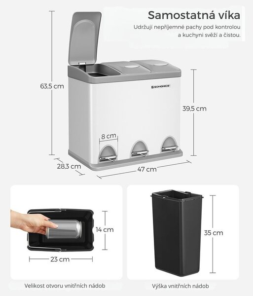 Koš na třídění odpadu SORT 24l (3x8l), šedá/bílá SongmicsHome