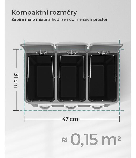 Koš na třídění odpadu SORT 24l (3x8l), šedá/bílá SongmicsHome