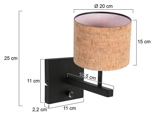Steinhauer Nástěnné světlo Stang, černá/hnědá, výška 25 cm, korek, Černá, Obývací pokoj / jídelna, kov, Moderní