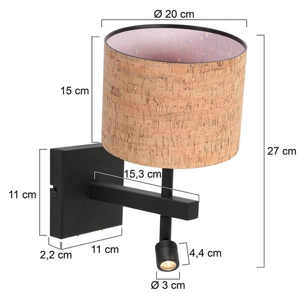 Steinhauer Nástěnné světlo Stang, černá/hnědá LED lampa na čtení Výška 27 cm Korek, Černá, Obývací pokoj / jídelna, kov, Moderní, Lampička na čtení