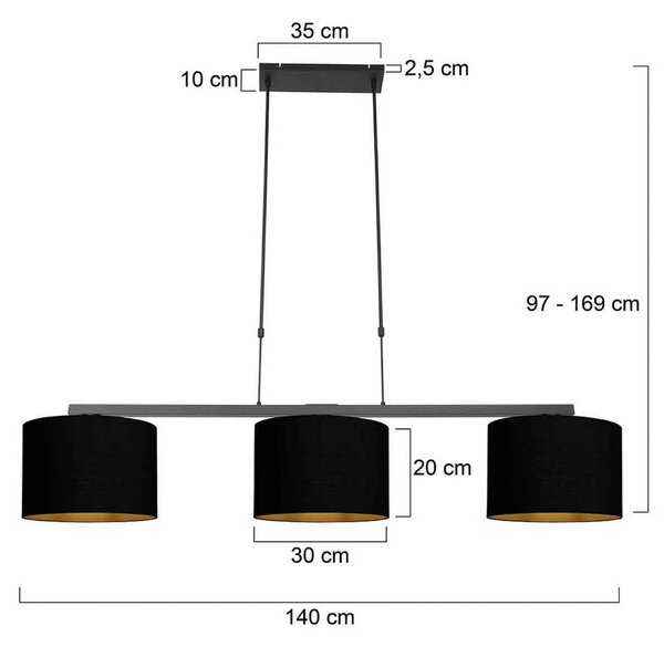 Steinhauer Závěsné světlo Stang, černá/černá-zlatá, délka 140 cm, 3 svítidla., stmívatelný, Černá, Obývací pokoj / jídelna, kov, Moderní