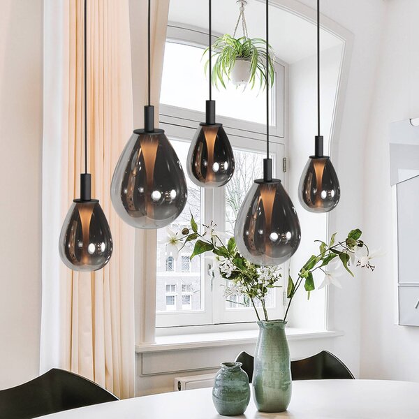 Mexlite LED závěsné světlo Glimsy, 115 cm černé/kouřově šedé sklo, 5-fl., stmívatelný, Hliník / šedá / zinek, Obývací pokoj / jídelna, Sklo