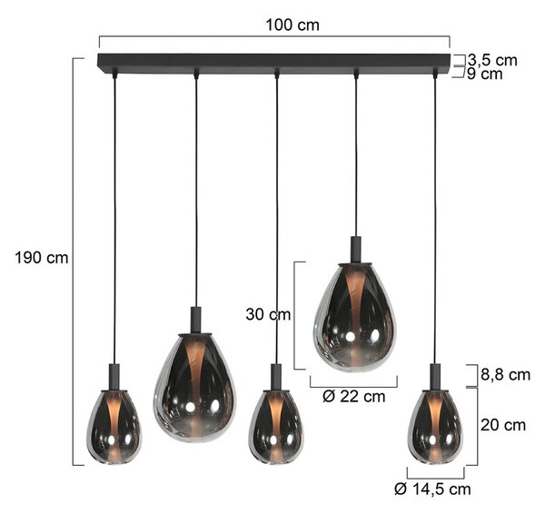 Mexlite LED závěsné světlo Glimsy, 115 cm černé/kouřově šedé sklo, 5-fl., stmívatelný, Hliník / šedá / zinek, Obývací pokoj / jídelna, Sklo