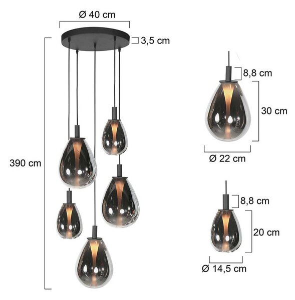 Mexlite Závěsné světlo Glimsy, Ø 40 cm černá/kouřově šedá sklo 5-fl., stmívatelný, Hliník / šedá / zinek, Obývací pokoj / jídelna, Sklo