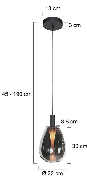 Mexlite Závěsné světlo Glimsy, Ø 22 cm, černé/kouřově šedé sklo, stmívatelný, Hliník / šedá / zinek, Obývací pokoj / jídelna, Sklo