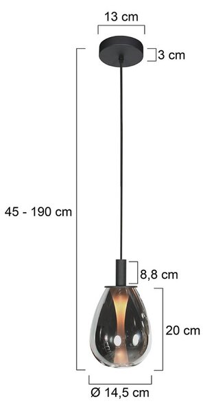 Mexlite Závěsné světlo Glimsy, Ø 14 cm, černá/kouřově šedá, sklo, stmívatelný, Hliník / šedá / zinek, Obývací pokoj / jídelna, Sklo
