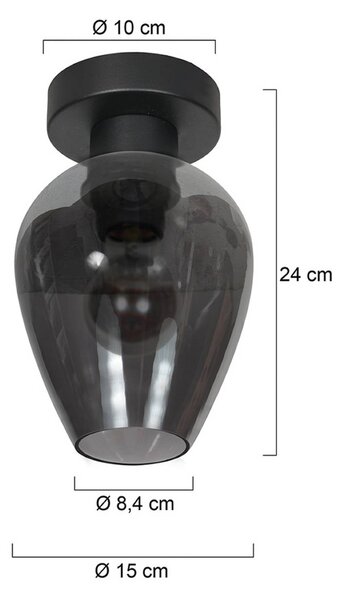 Mexlite Stropní světlo Bloeba, černá/kouřově šedá, Ø 15 cm, skleněná kapka, stmívatelný, Hliník / šedá / zinek, Obývací pokoj / jídelna, Sklo
