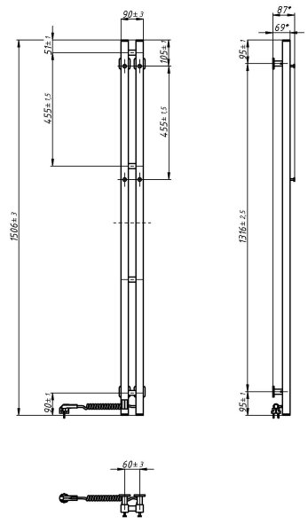 Elektrický sušák na ručníky s termostatem SILOUETTE 106W 150x9 cm černá pravá