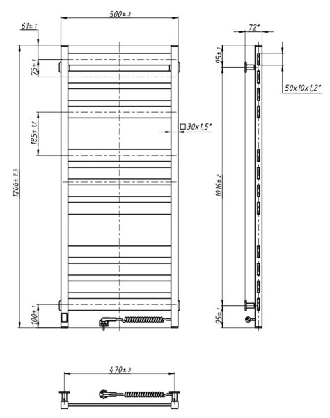 Koupelnový žebříkový radiátor s termostatem LARGO 256W 120x50 cm černá pravá