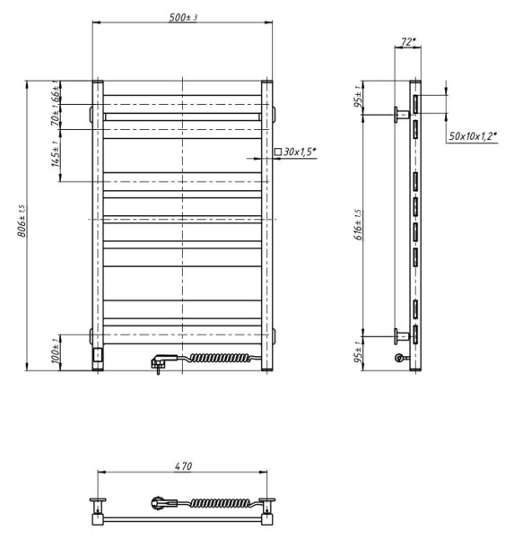 Elektrický sušák na ručníky s termostatem LARGO 168W 80x50 cm černá pravá