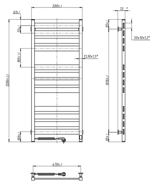 Koupelnový žebříkový radiátor s termostatem LARGO 256W 120x50 cm černá levá