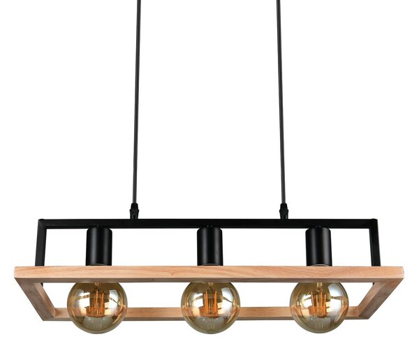 Reality Leuchten Závěsné světlo Bano, dřevo/černá, délka 58 cm, kov, 3 svítidla., stmívatelný, Černá, Obývací pokoj / jídelna, kov, Moderní