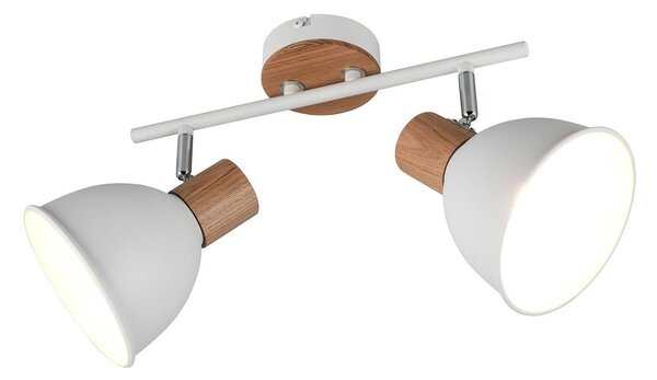 Reality Leuchten Stropní světlo Delume, bílé, délka 49 cm, 2-ramenné, kov/dřevo, stmívatelný, Bílá / opál, Obývací pokoj / jídelna, kov, Skandinávský, Stropní svítidlo