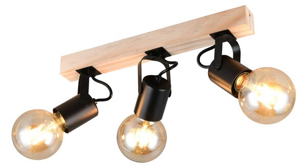 Reality Leuchten Stropní světlo Lynar, černé, dřevo, kov, délka 42 cm, 3 žárovky., stmívatelný, Černá, Obývací pokoj / jídelna, kov, Moderní, Stropní svítidlo