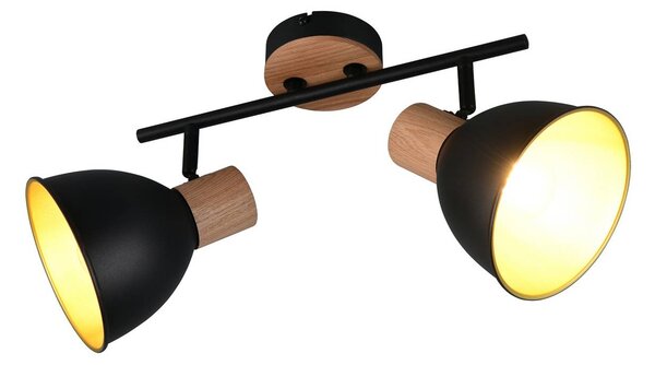 Reality Leuchten Stropní světlo Delume, černé, délka 49 cm, 2-ramenné. Kov/dřevo, stmívatelný, Černá, Obývací pokoj / jídelna, kov, Skandinávský, Stropní svítidlo