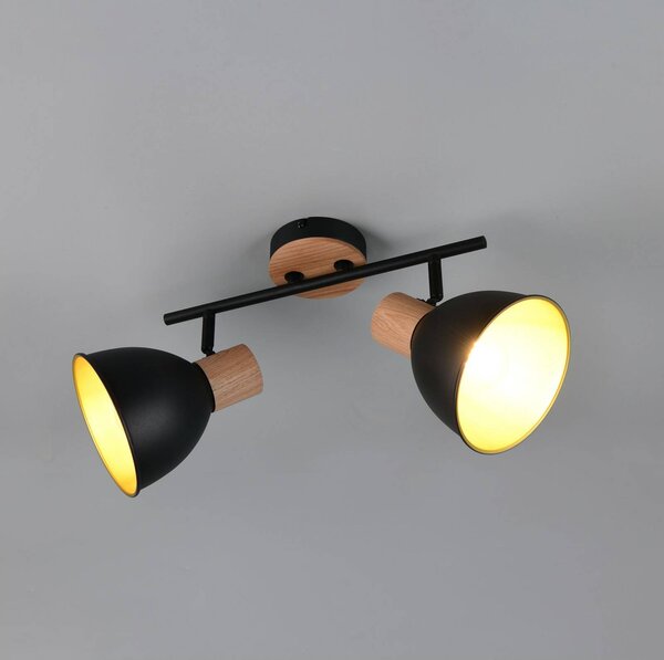 Reality Leuchten Stropní světlo Delume, černé, délka 49 cm, 2-ramenné. Kov/dřevo, stmívatelný, Černá, Obývací pokoj / jídelna, kov, Skandinávský, Stropní svítidlo