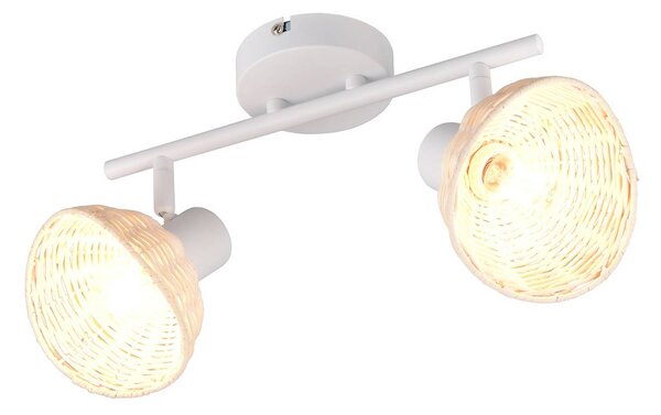 Reality Leuchten Stropní světlo Calvi, bílé, přírodní ratan, délka 40 cm, 2 svítidla., stmívatelný, Bílá / opál, Obývací pokoj / jídelna, kov, Stropní svítidlo