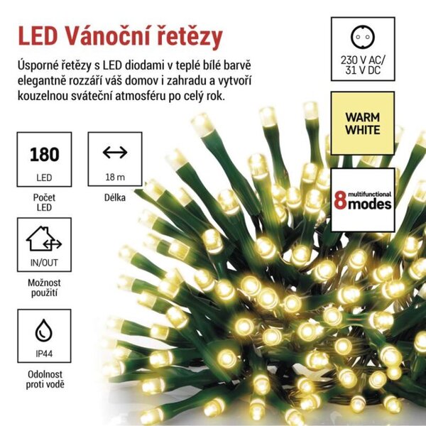 EMOS LED vánoční řetěz, 18 m, venkovní i vnitřní, teplá bílá, programy, časovač