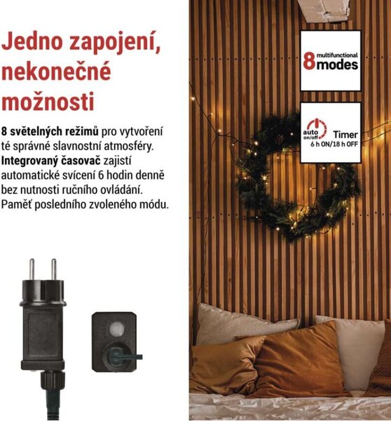 EMOS LED vánoční řetěz, 18 m, venkovní i vnitřní, teplá bílá, programy, časovač