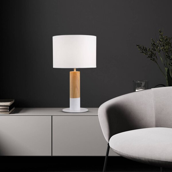 Viokef Stolní lampa Carroll, dřevo světlé/bílé, výška 43 cm, látka, Bílá / opál, Obývací pokoj / jídelna, Textil / tkanina / hedvábí