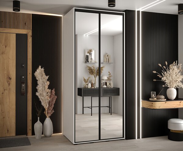 Šatní skříň s posuvnými zrcadlovými dveřmi DAVOS 100cm | Bílá / černé pojezdy