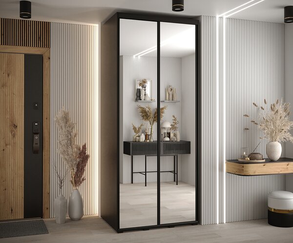Šatní skříň s posuvnými zrcadlovými dveřmi DAVOS 100cm | Černá / černé pojezdy