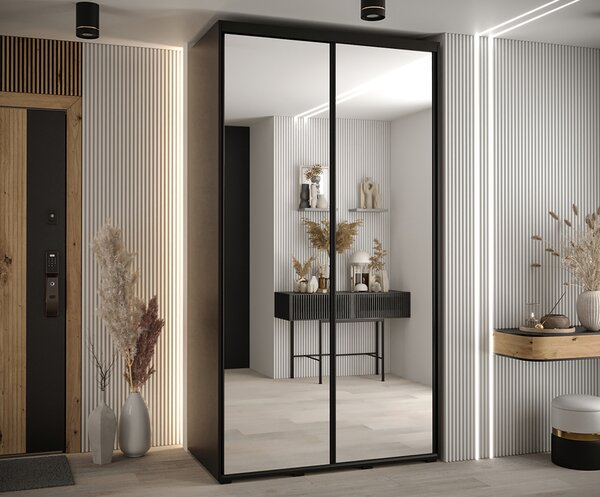 Šatní skříň s posuvnými zrcadlovými dveřmi DAVOS 140cm | Černá / černé pojezdy