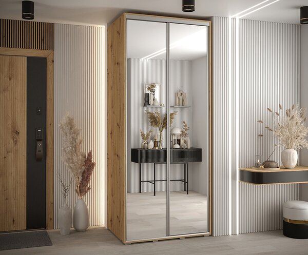 Šatní skříň s posuvnými zrcadlovými dveřmi DAVOS 100cm | DUB Artisan / stříbrné pojezdy