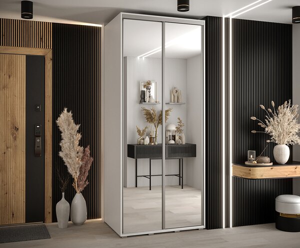 Šatní skříň s posuvnými zrcadlovými dveřmi DAVOS 100cm | Bílá / stříbrné pojezdy