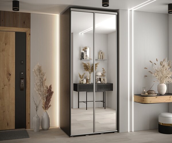 Šatní skříň s posuvnými zrcadlovými dveřmi DAVOS 100cm | Černá / stříbrné pojezdy