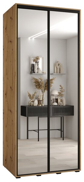 Šatní skříň s posuvnými zrcadlovými dveřmi DAVOS 100cm | DUB Artisan / černé pojezdy